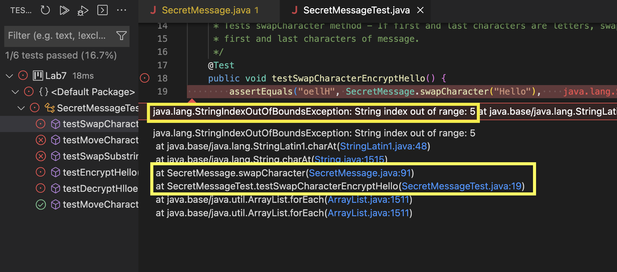 testSwapCharacterEncryptHello Failing Test