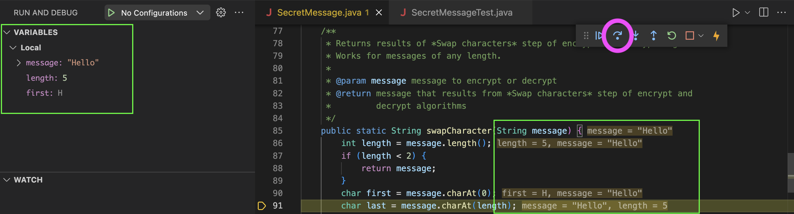 Debug testSwapCharacterEncryptHello