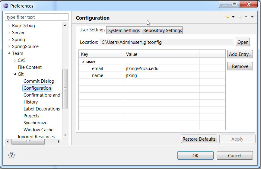 Figure: User Settings for Git Configuration