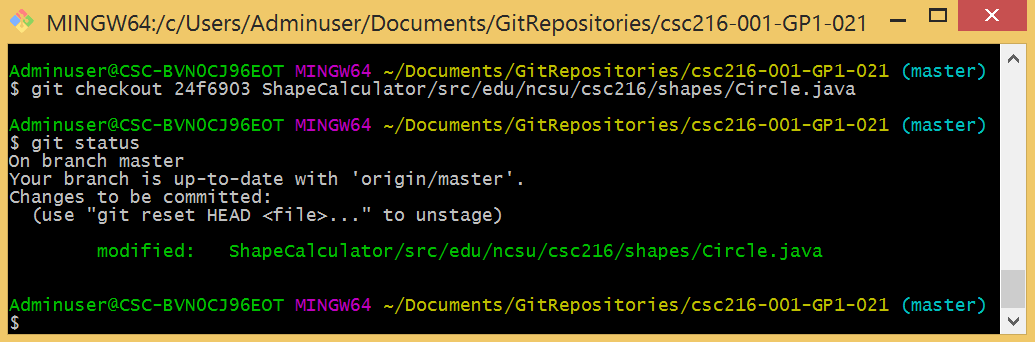 Figure: Checkout a file in Git Bash