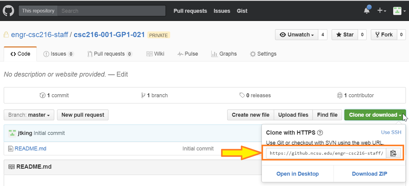 Figure: Location of Clone URL in NCSU GitHub