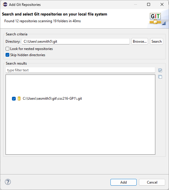 Figure: Add existing Git repository to Eclipse workspace