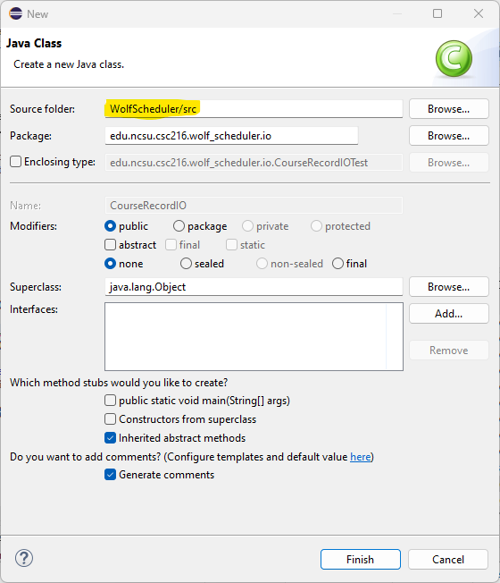 Figure: CourseRecordIO New Class Wizard