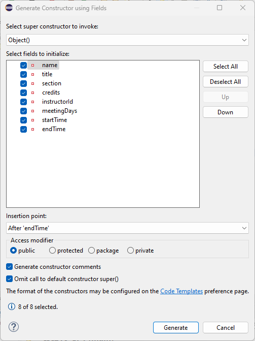 Figure: Wizard to Generate Constructor for All Fields