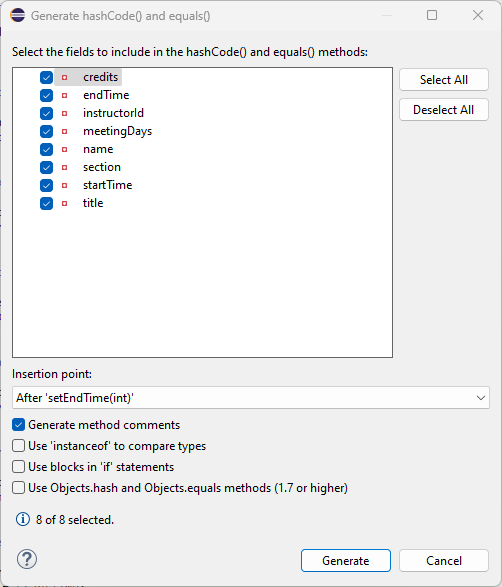Figure: Generate `equals()` and `hashCode()` Methods