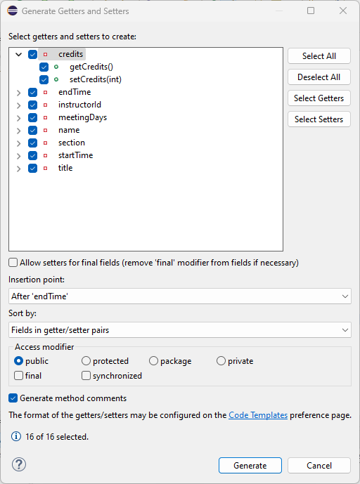 Figure: Wizard to Generate Getter and Setter Methods for `Course`