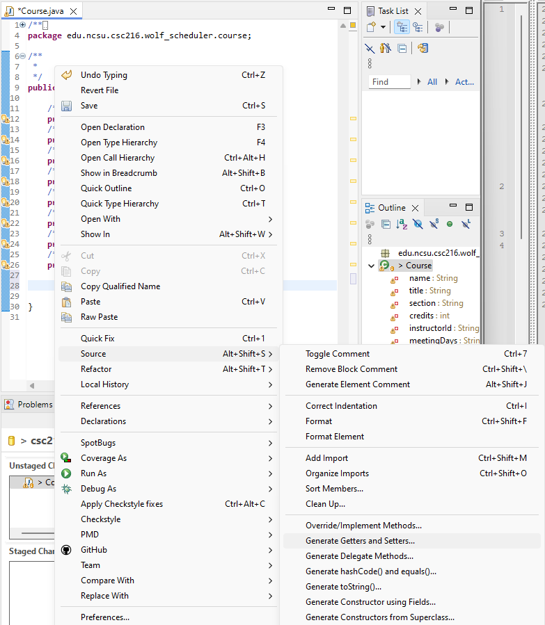 Figure: Generate Getter and Setter Methods for `Course`