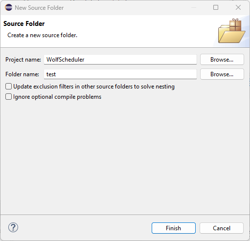 Figure: New Source Folder for Test Files