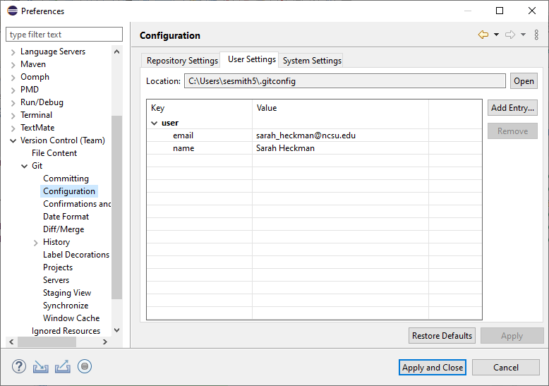 Git Configuration in Eclipse